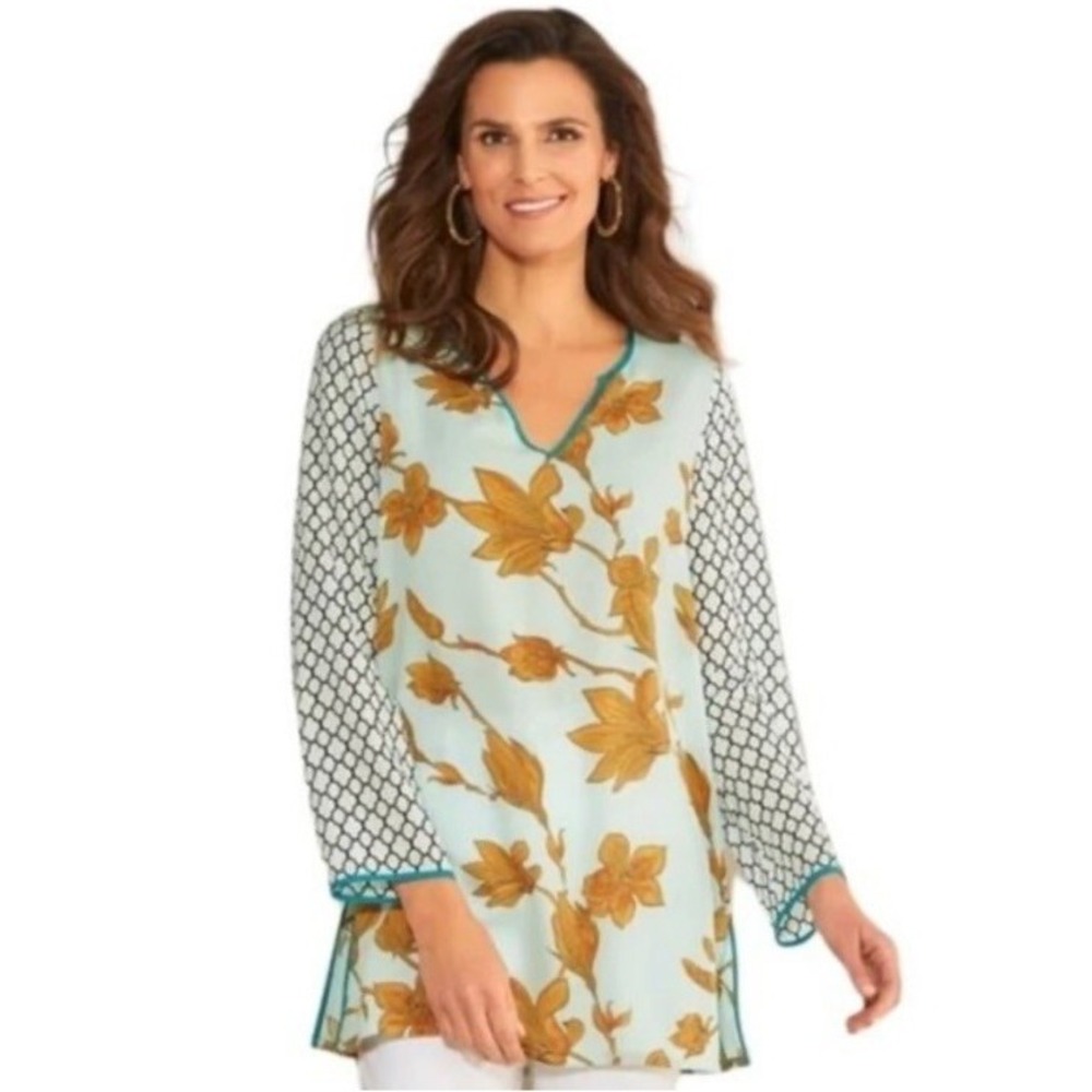Soft Surroundings Floral Mixed Print Tunic Top Blue Gold V-Neck Large